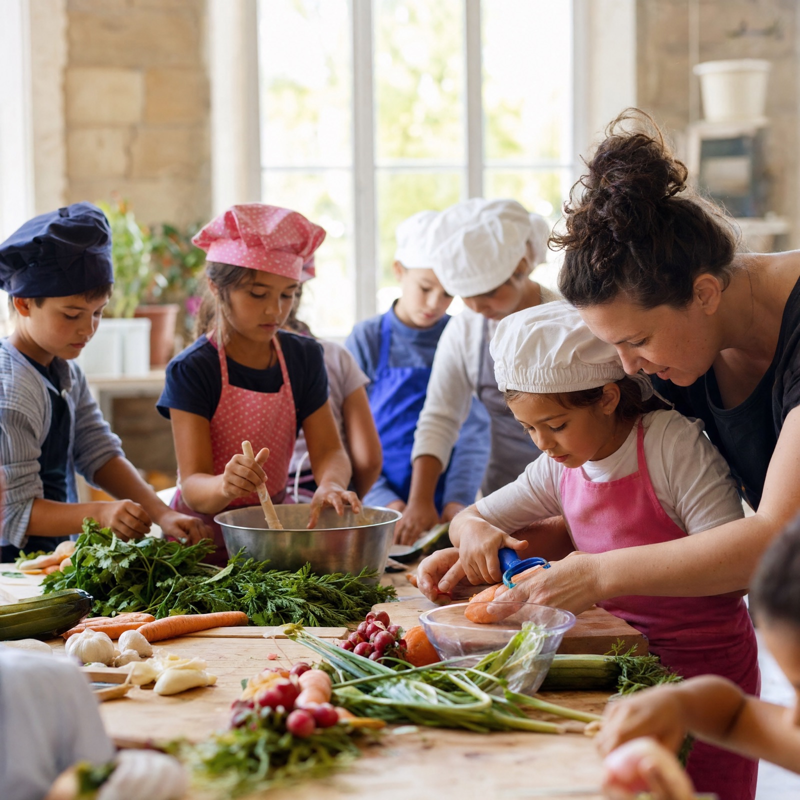 Enfants préparant des canelés dans l'atelier bordelais un samedi matin